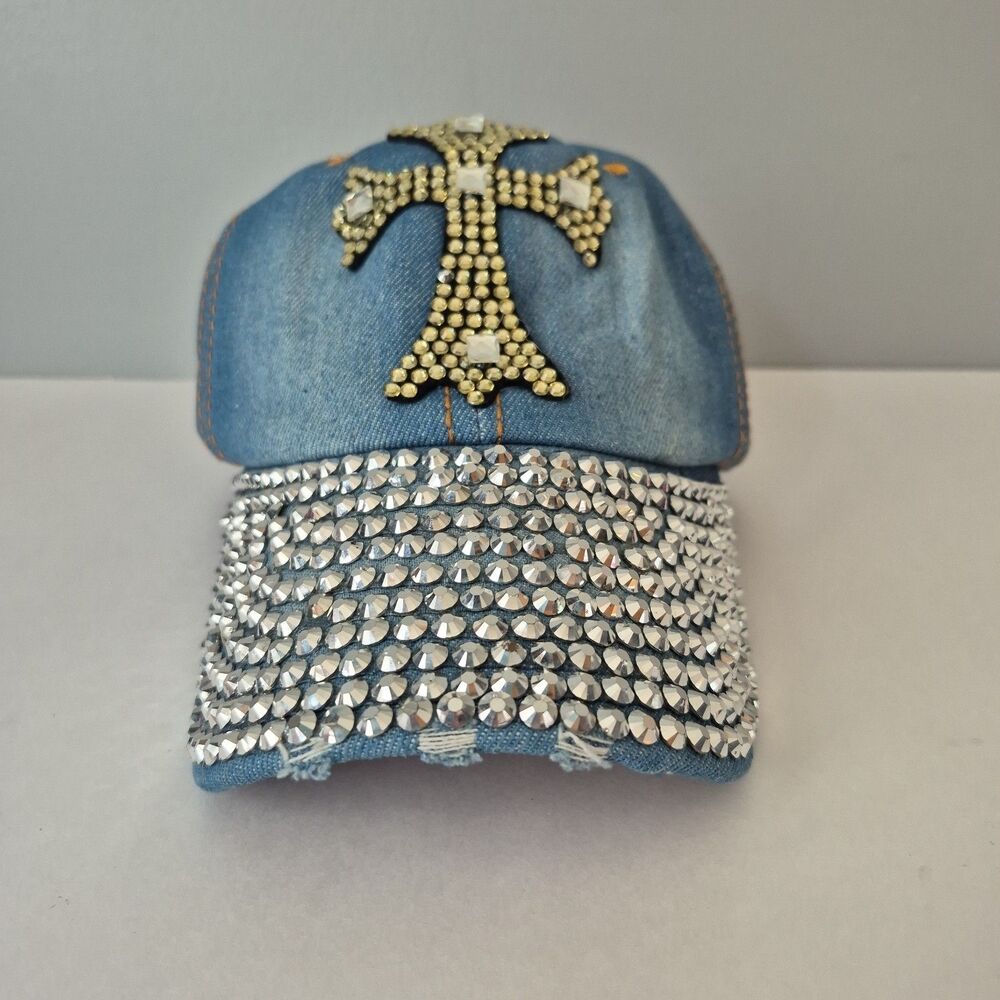 Indigo Soul Distressed Denim Baseball Cap Rhinestone Studded Cross Hat Womens